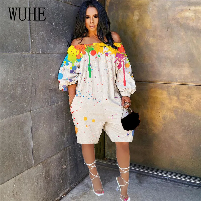 

WUHE Casual Streetwear Loose Playsuits Splash Ink Print Off Shoulder Slash Neck Long Sleeve Hollow Out Sexy Women Summer Overall