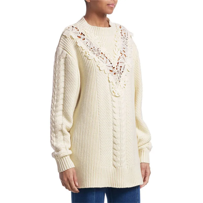 Кружевной Удлиненный свитер с принтом зима 2019 плотный теплый вязаный пуловер