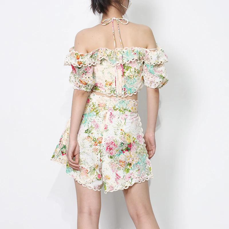 

XIZIHUPAN Sexy Print Set For Women Halter Collar Short Tops High Waist Wide Leg Pants Female Summer Sets 2021 Fashion New Tide