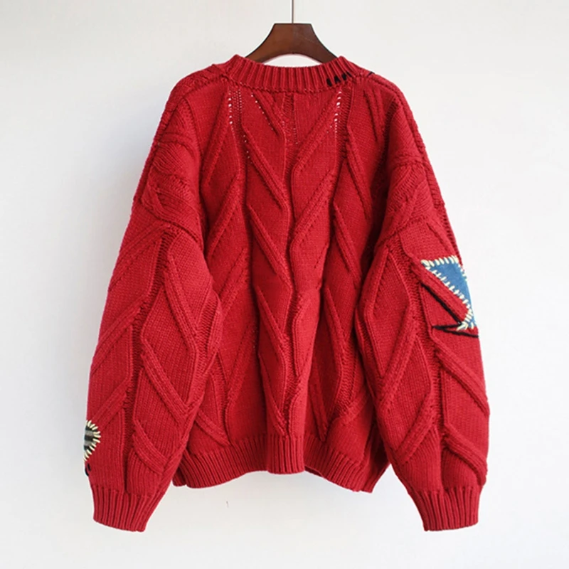

Women Autumn Crochet Knitted Cardigan Long Sleeve Colorful Buttons Sweater Coat Letters Embroidery Vintage Patches Loose