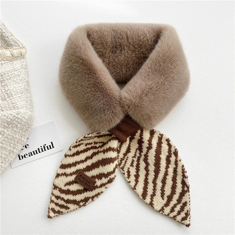 

Korean Women Faux Rabbit Fur Thick False Collar Neck Guard Snood Bib Winter Wool Knit Zebra Pattern Cross Buckle Warm Scarf Q51