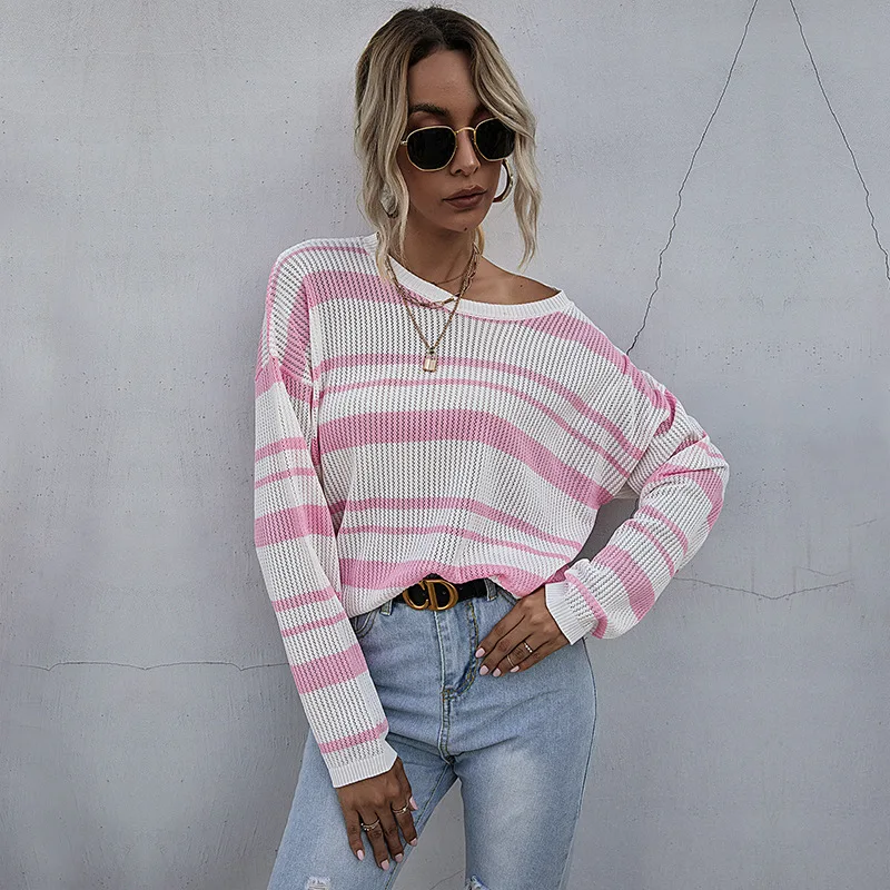 

New Autumn Winter Fashion Striped Jumper Sweaters Ladies Casual Full Sleeve Loose Thin Knitted Pullovers Sweater Tops For Women