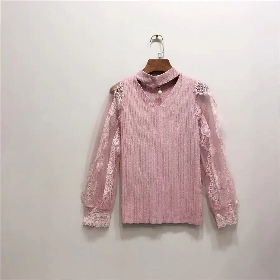 ALPHALMODA Новая мода кружевной фонарь рукав яркий Шелковый вязаный обтягивающий свитер изящный женский милый кружевной свитер Мода Outfi