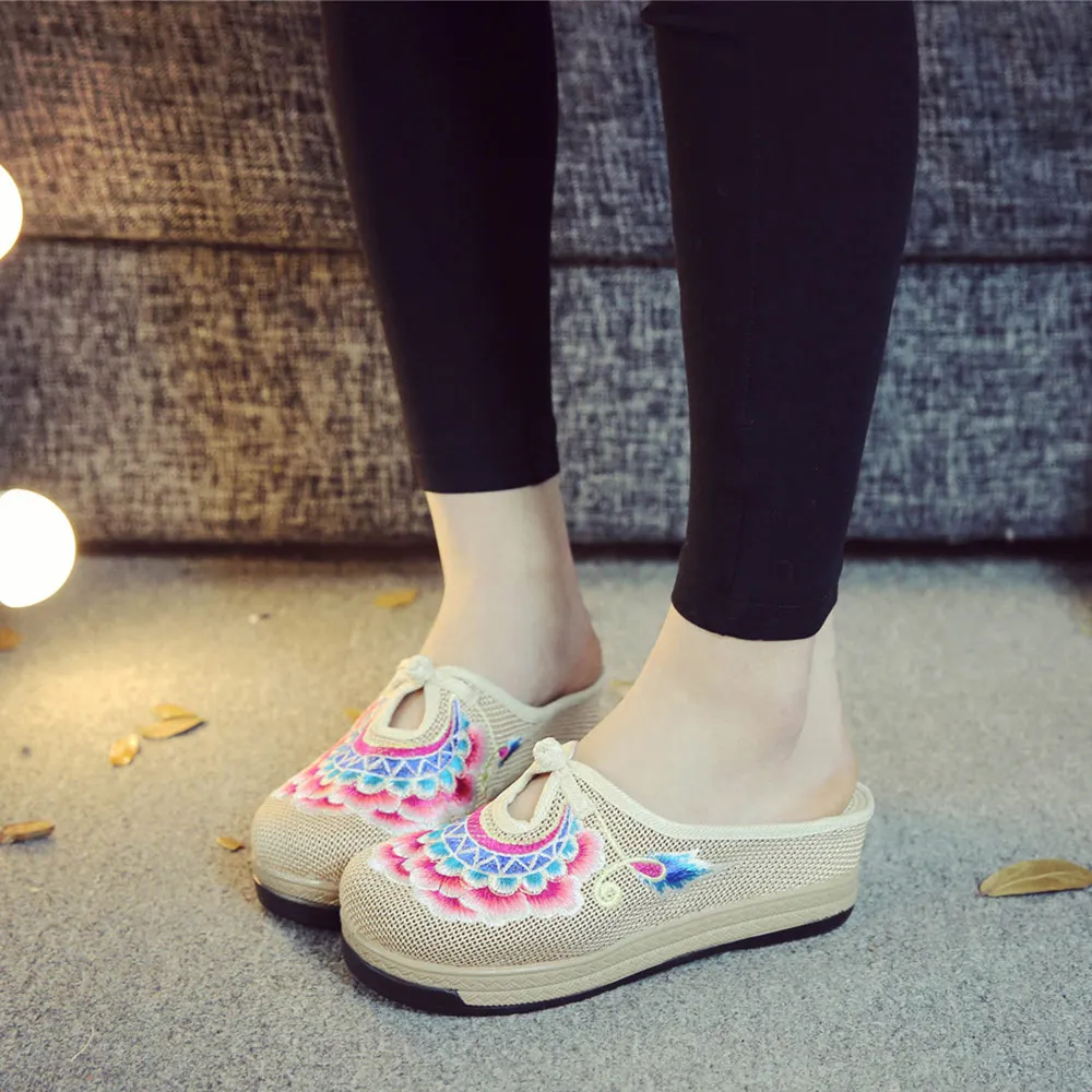 Мюли Veowalk женские ручной работы льняные хлопковые закрытый носок плоская подошва