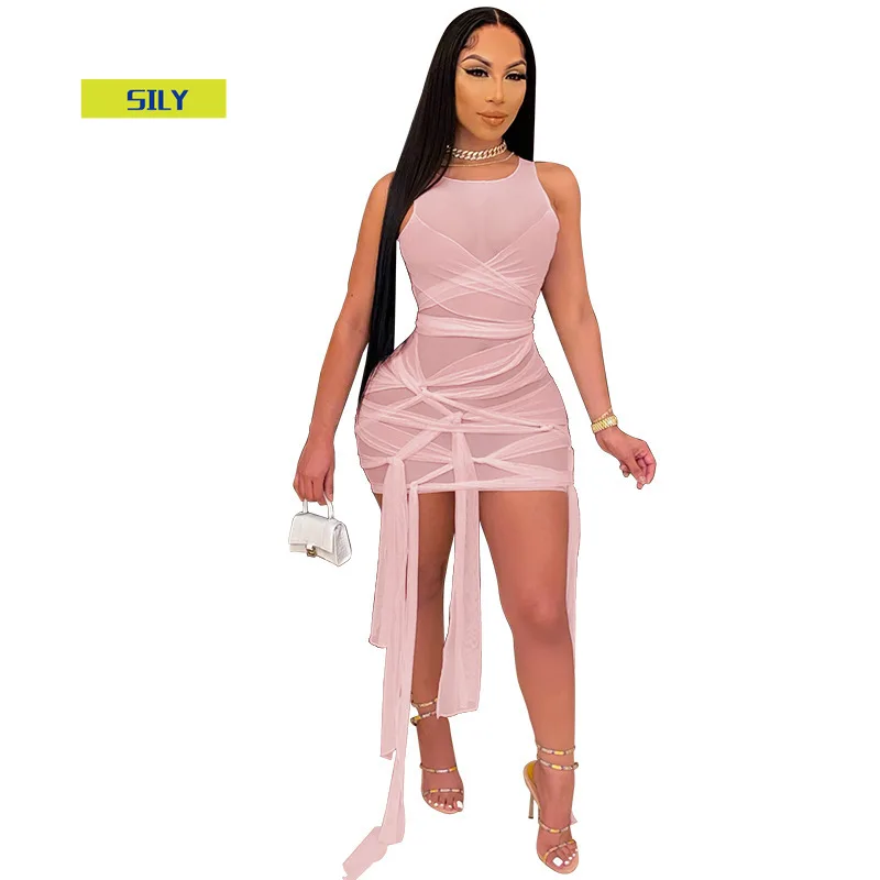 

Sleeveless Tight Lace-up High Elastic Nightclub Sexy Mesh Dress