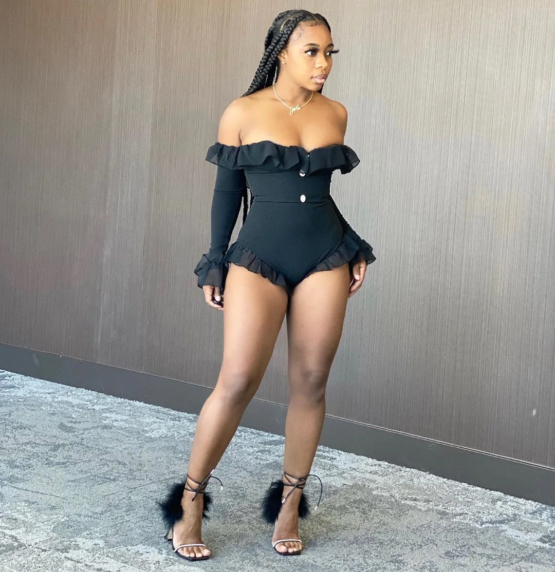

Sexy Solid Ruffle Slash Neck Bodysuits Women Flare Long Sleeve Top Shorts Swimsuit New Mesh Patchwork Outfits For Women 2021