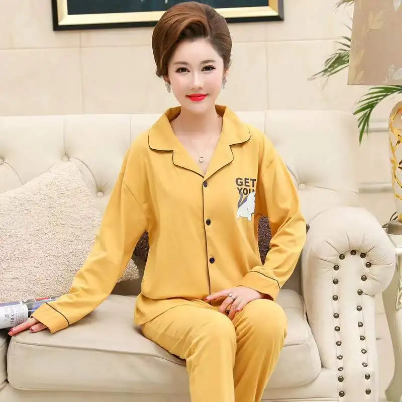 

Women Pajama Set Spring Autumn 100% Cotton Long-Sleeved Trousers Two-Piece Home Clothes Mom Pyjamas Suits