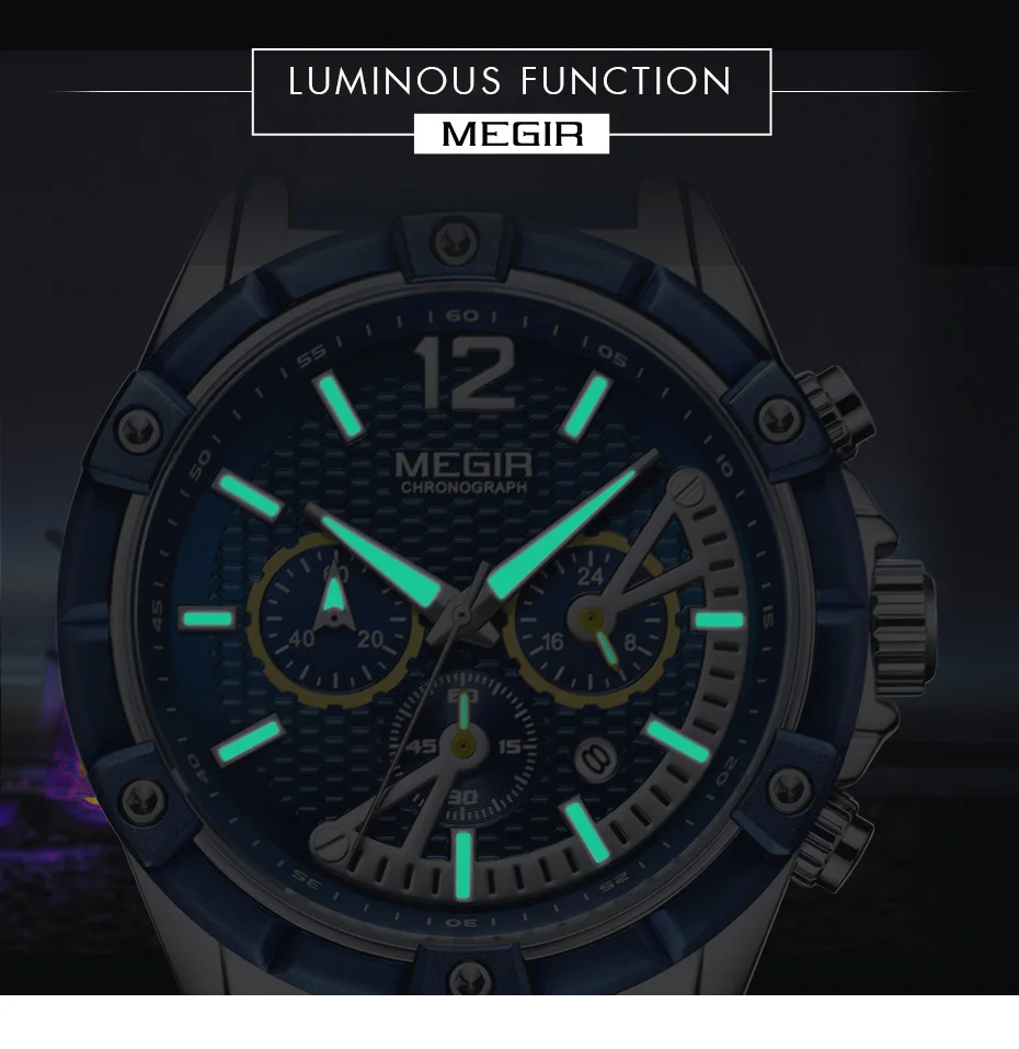 MEGIR Мужской спортивный хронограф кварцевые наручные часы армейские силиконовые водонепроницаемый секундомер Relojios Masculinos мужские ClockMN2083-2N0