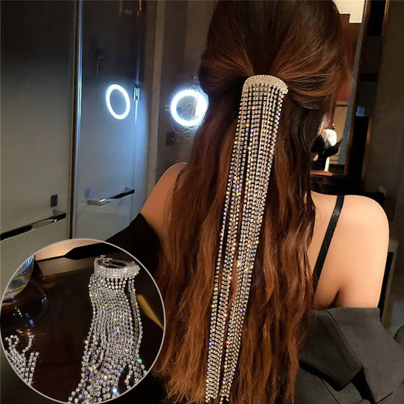 

Wedding Banquet Jewelry Full Rhinestone Hairpins Shine for Women Crystal Hair Long Tassel