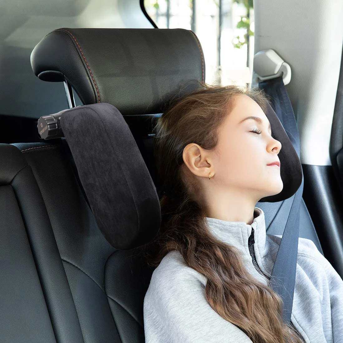 

Car Headrest Pillow Soft Velvet & Pu Leather Head Neck Support Adjustable Travel Sleeping Headrest Cushion for Kids Child Adult
