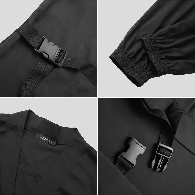 

INCERUN Men Sets Solid Color Long Sleeve V Neck Kimono Tops Elastic Waist Pants 2 Pieces Man Vintage Lace Up Suit Streetwear 5XL