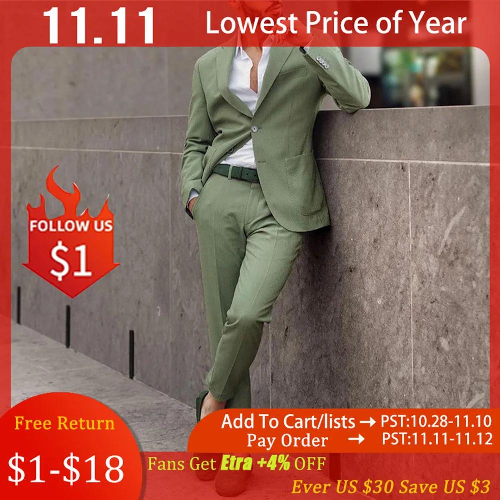 Traje verde para hombre, traje clásico estampado de chaqueta y pantalones, de oficina, sólido, informal, 2021 (0)