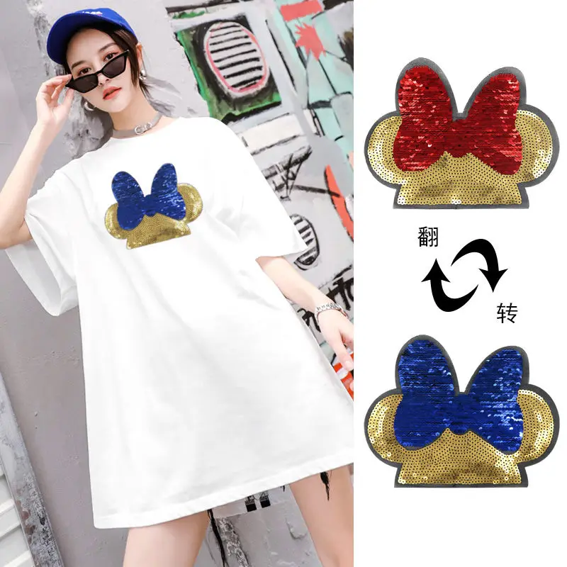 

Disney Mickey Cartoon Flip Sequins Double-sided Bow Cloth Stickers Fashion Clothes Bag Patch Stickers Clothing Decoration Decals