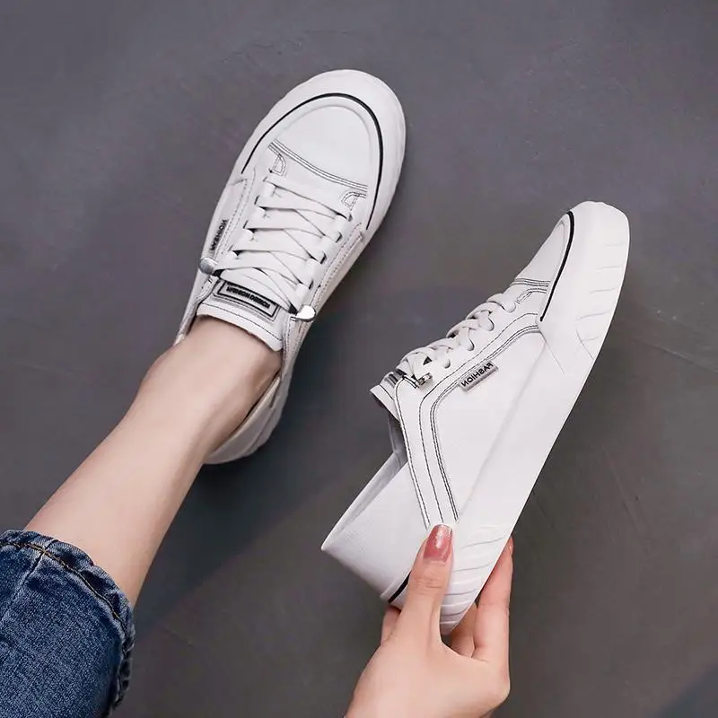 

2021 spring and autumn new leather two-wear white shoes fashion all-match flat-bottomed one-legged shoes casual shoes women
