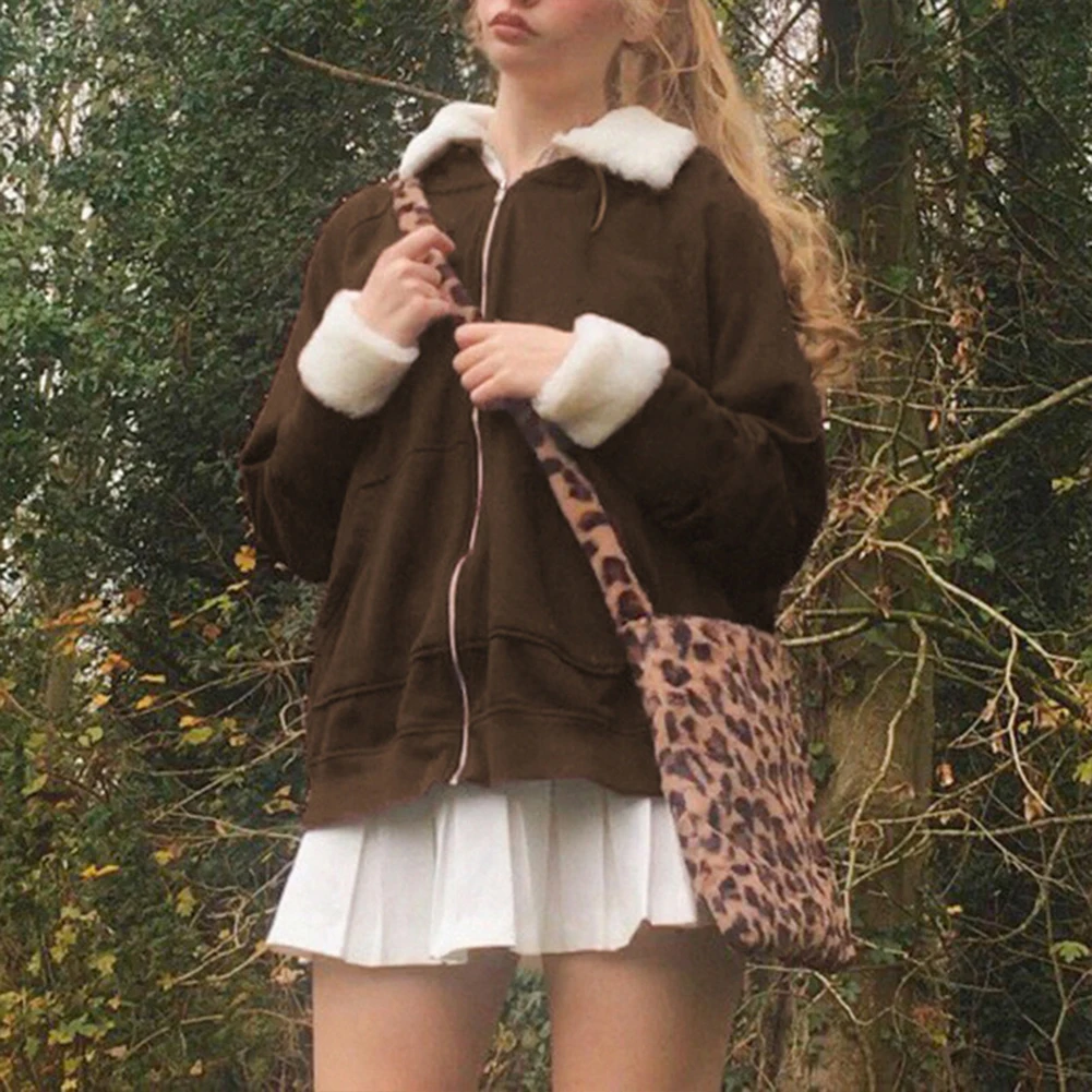 

Свитер с отложным воротником, свитшоты на молнии, меховые куртки Y2k, коричневое Свободное пальто с карманами, белый осенний сохраняющий тепл...