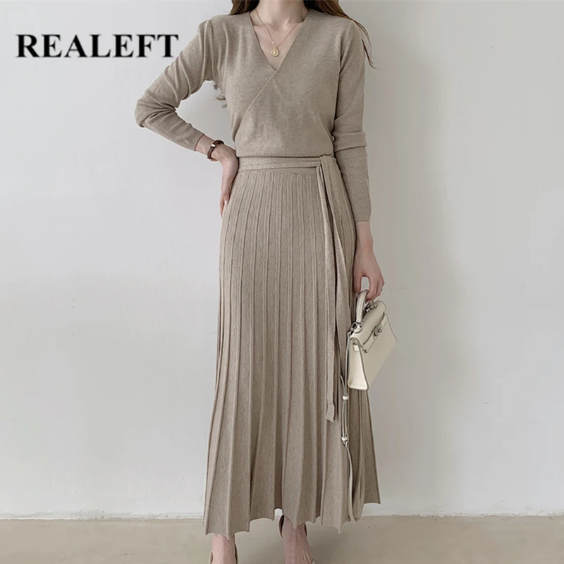 

REALEFT Autumn Winter Cross V-Neck Elegant Knitting A-Line Dress 2021 New Solid Lace Up Long Sleeve Office Sweater Dress Female