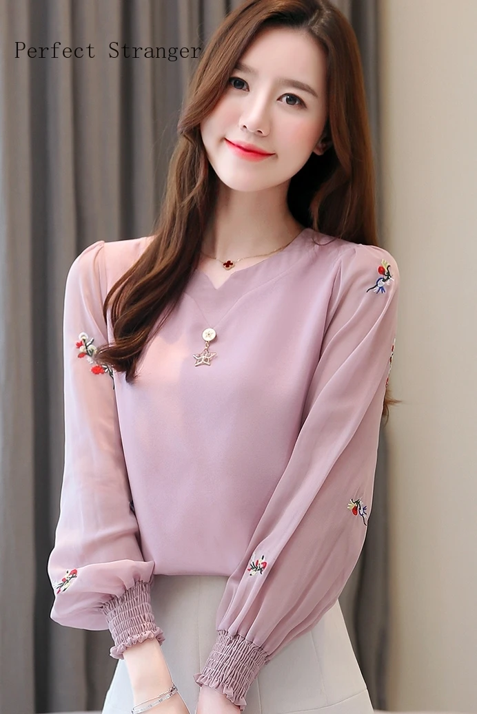 

2019 Autumn New Arrival Plus Size M-3XL V Collar Flower Embroidery Long Sleeve Woman Chiffon Blouse
