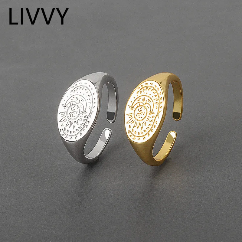 

LIVVY Silver Color Sun Moon Open Ring For Women Men Oval Trendy Vintage Jewelry Party Accessories Gifts
