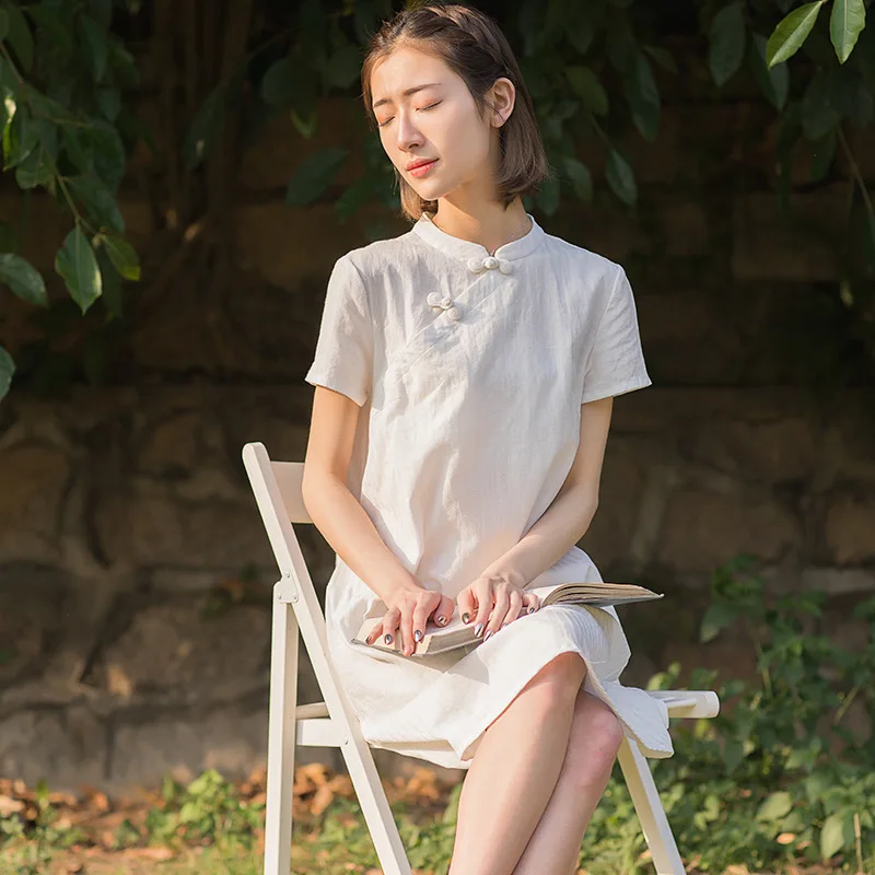 Spot new poetic 2018 summer show thin cotton loose medium long improved qipao dress woman with short sleeves | Женская одежда