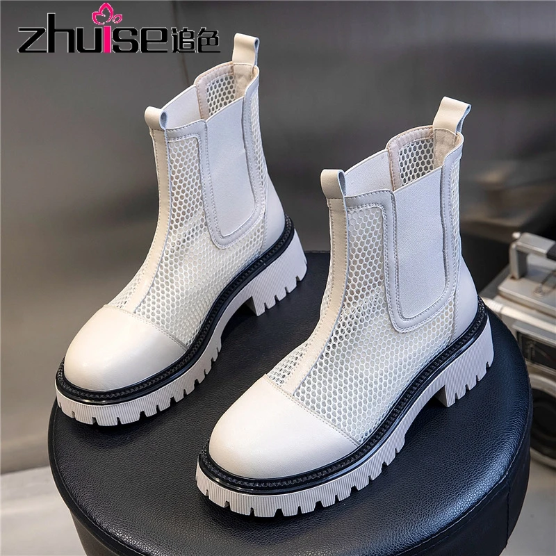 

Женская обувь из натуральной кожи, Новинка лета 2021, женские сетчатые Ботинки Челси со шнуровкой на плоской подошве, сетчатые ботинки с кругл...