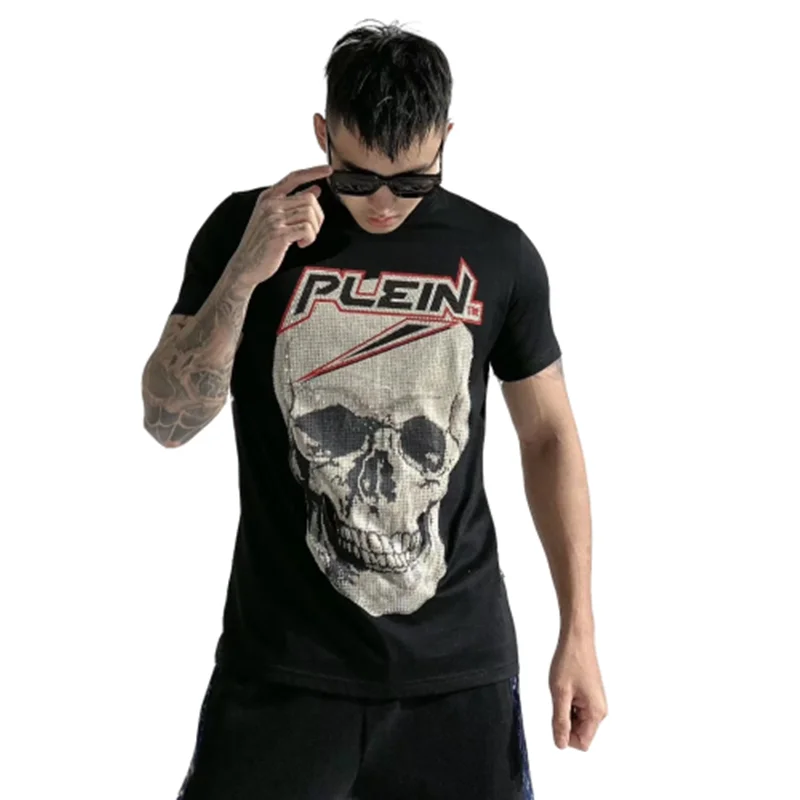 

t shirt homme crystal skulls rhinestones streetwear slim fit 100% cotton high quality black round neck men clothing