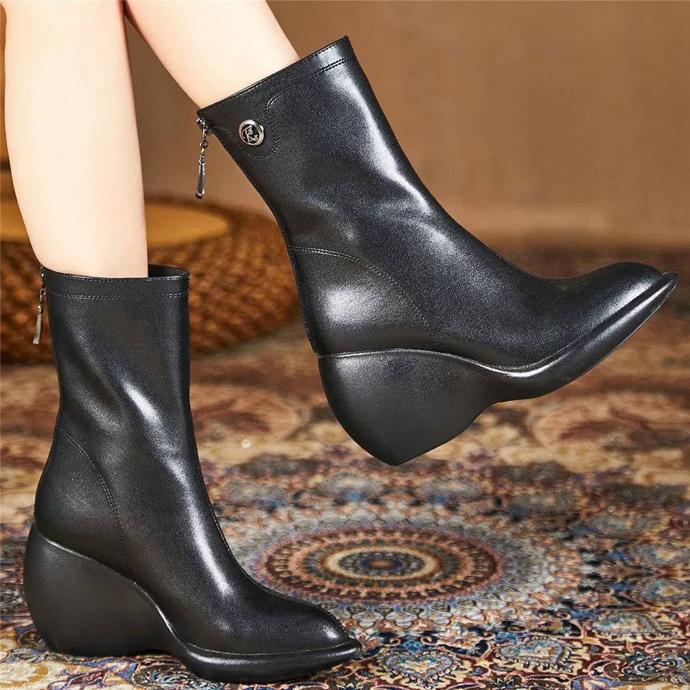 High Top Winter Casual Shoes Women Genuine Leather Chunky High Heels Motorcycle Boots Female Pointed Toe Platform Pumps Shoes