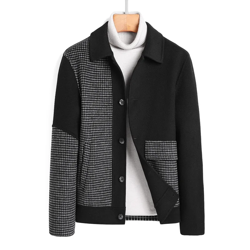 

Autumn and winter new men's handmade double-sided coat short fashionable plaid black