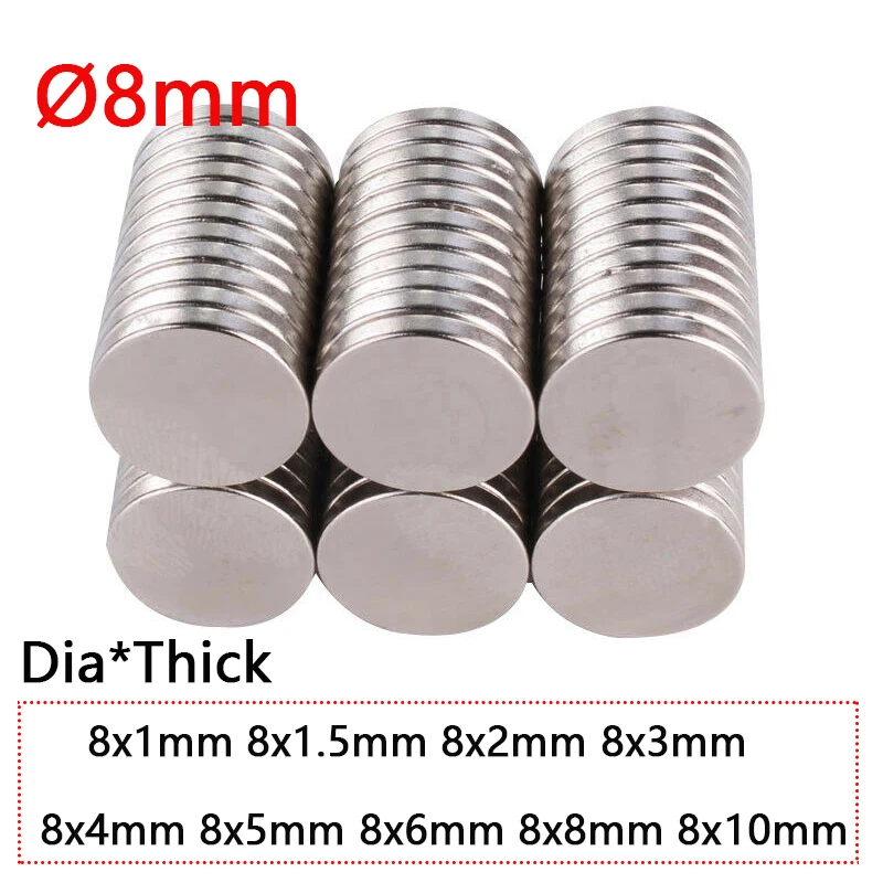 

10pcs Dia Ø8mm NdFeB Round Powerful Magnets Rare Earth Strong Crafts Permanent Neodymium Magnet N35 1 1.5 2 3 4 5 6 8 10mm Thic