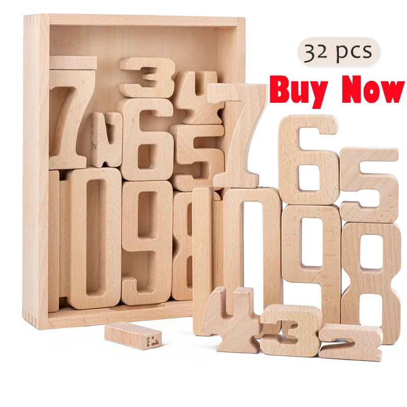 

Number Building Blocks Wooden Math Digital Baby Balance Block Montessori Educational Natural Solid Wood Toys for Kids 32 Pcs