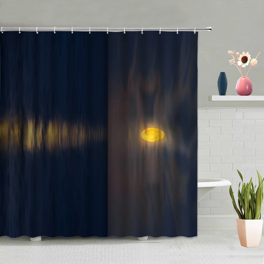 

Summer Seaside Fireworks Shower Curtain Ocean Night Bridge City Architecture Scenery Hanging Curtains Bathroom Decor Bath Screen