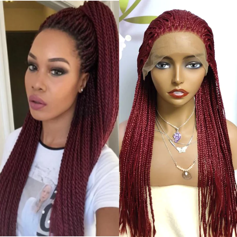 

26Inch Brangundy Long Synthetic Wigs Box Braided Wigs For Black Women Braided Wig Heat Resistant Braiding Hair 200density