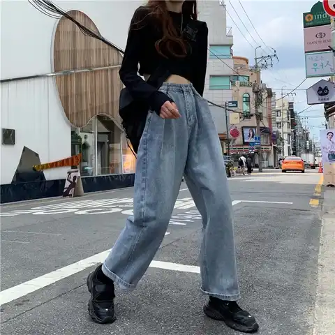 Feynzo Women Pant Woman Jeans High Waist Denim Pants Wide Leg Denim Clothing Blue Jeans Vintage Quality Fashion Straight Pants
