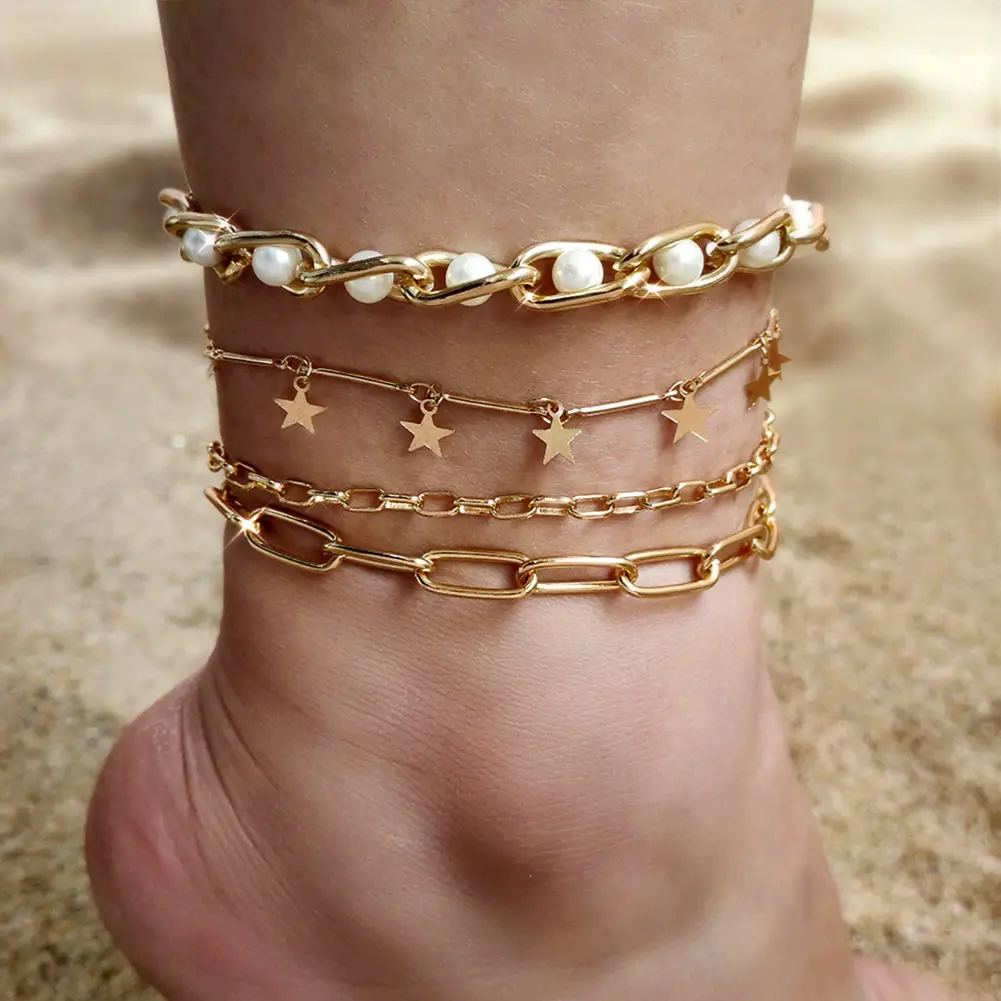 

Vintage Layered Imitation Pearls Lock Chain Anklets for Women Boho Gold Color Star Pendent Leg Chain Foot Party Jewelry Gifts
