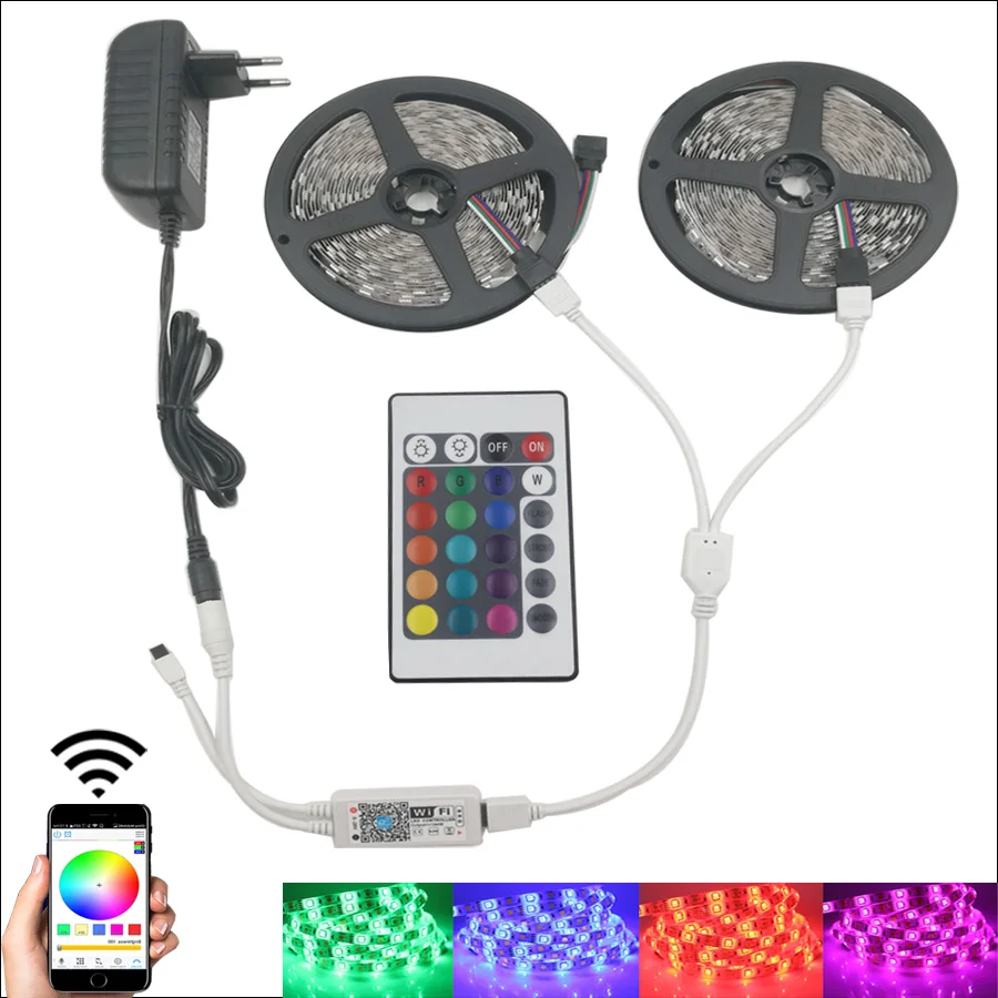5M 2835 RGB WIFI LED Strip light Waterproof 10M 15M 5050 Led Ribbon Tape With WIFI Wireless Controller DC 12V Adapter Stripe Kit