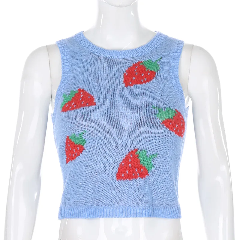 

Kawaii Strawberry Pattern Knitted Sleeveless Cropped Vest Women Girls O-neck Fashion Autumn Sweaters Vest Female Clothing