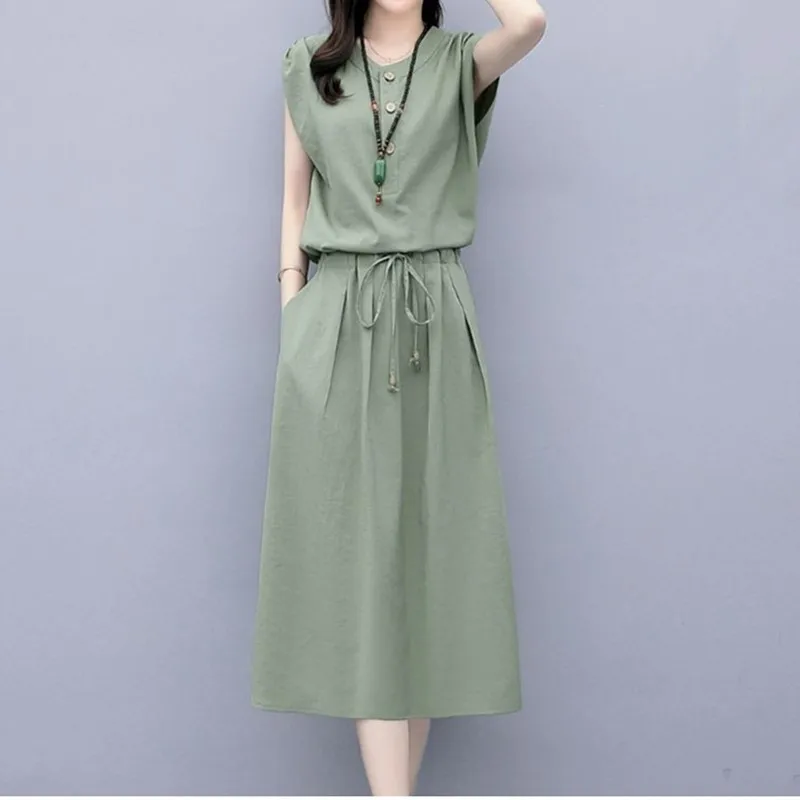

Cotton and hemp dress new women's dress in 2020 summer butter green waistband shows thin temperament flax