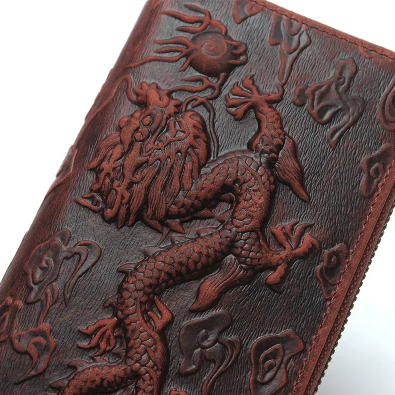 

YourSeason Male Vintage Crazy Horse Leather Embossed Wallet 2021 Dragon Pattern Long Men Wallets Card Holder Cowhide Purse