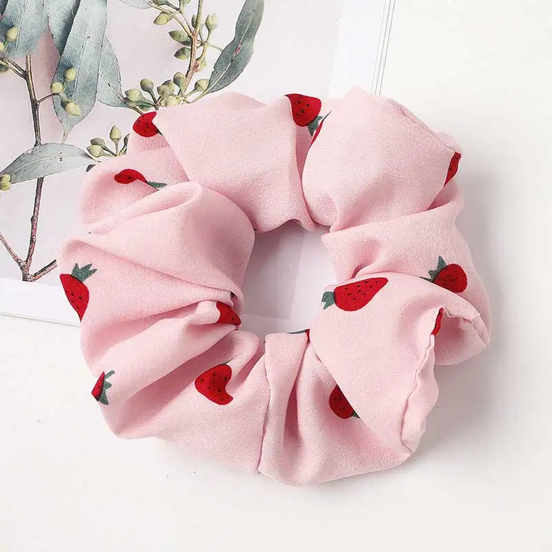 

2021 New Korea Chiffion Printed Scrunchies Elastic Hair Band Small Strawberry Women Rubber Band Hair Ties Ponytail Hair Rope