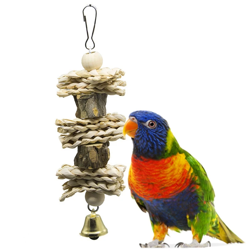 

1pc Bird Parrot Toy Wooden Grass Chewing Bite Hanging Cage Swing Climb Chew Toys With Bell Natural Wood Toys For Parrot