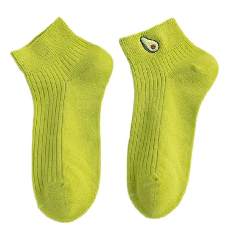 

Womens Avocado Embroidery Ankle Socks Solid Color Ribbed Cotton Short Hosiery