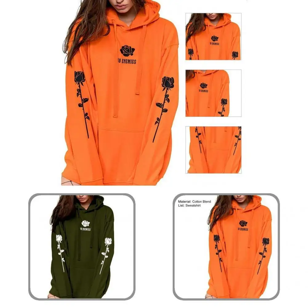 

Unique Women Sweatshirt Fleece Lining Pullover Sweatshirt Hooded Warm Vivid Rose Flower Print Casual Sweatshirt