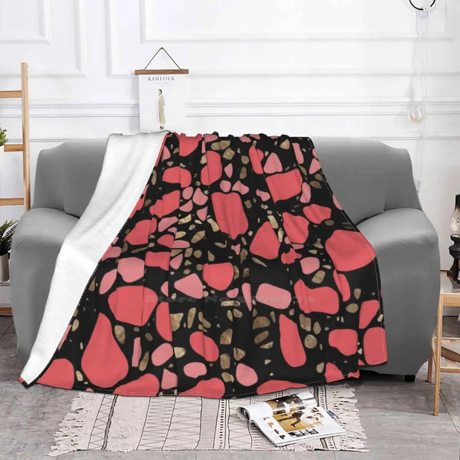 Terrazzo-мозаика-живой коралл и золото на черном низкая цена новый принт новинка