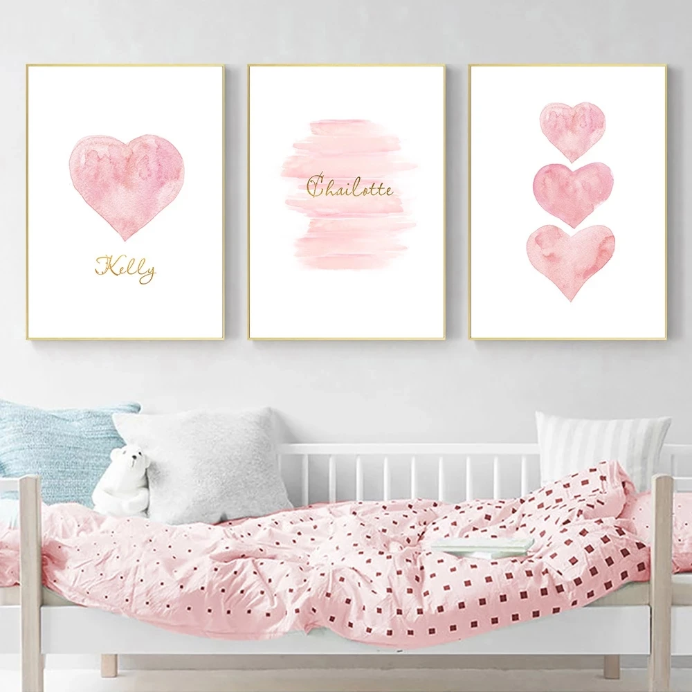 Custom Name Posters Pink Heart Butterfly Wall Art Print Nordic Canvas Painting Nursery Pictures for Girl Baby Room Cuadros Decor on - Настенная картина Nordic Canvas с изображением розового сердца и бабочек с именем на заказ для детской комнаты девочки Cu