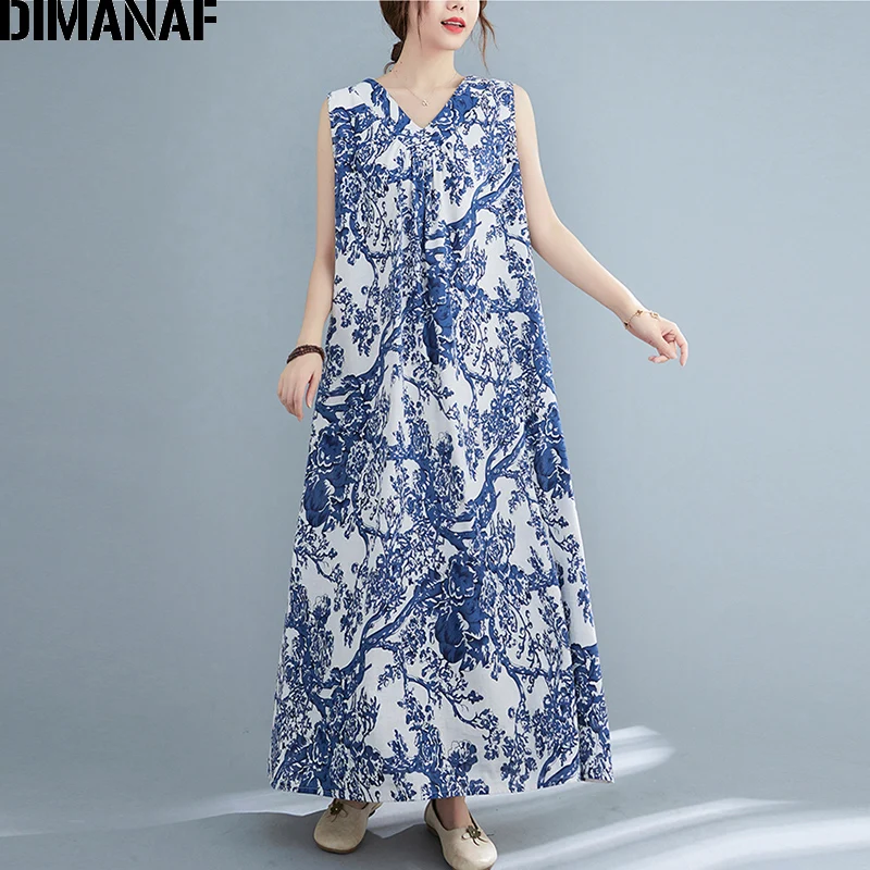 

Женское богемное платье без рукавов DIMANAF, длинный Повседневный Сарафан с цветочным принтом, летнее платье большого размера, 2021