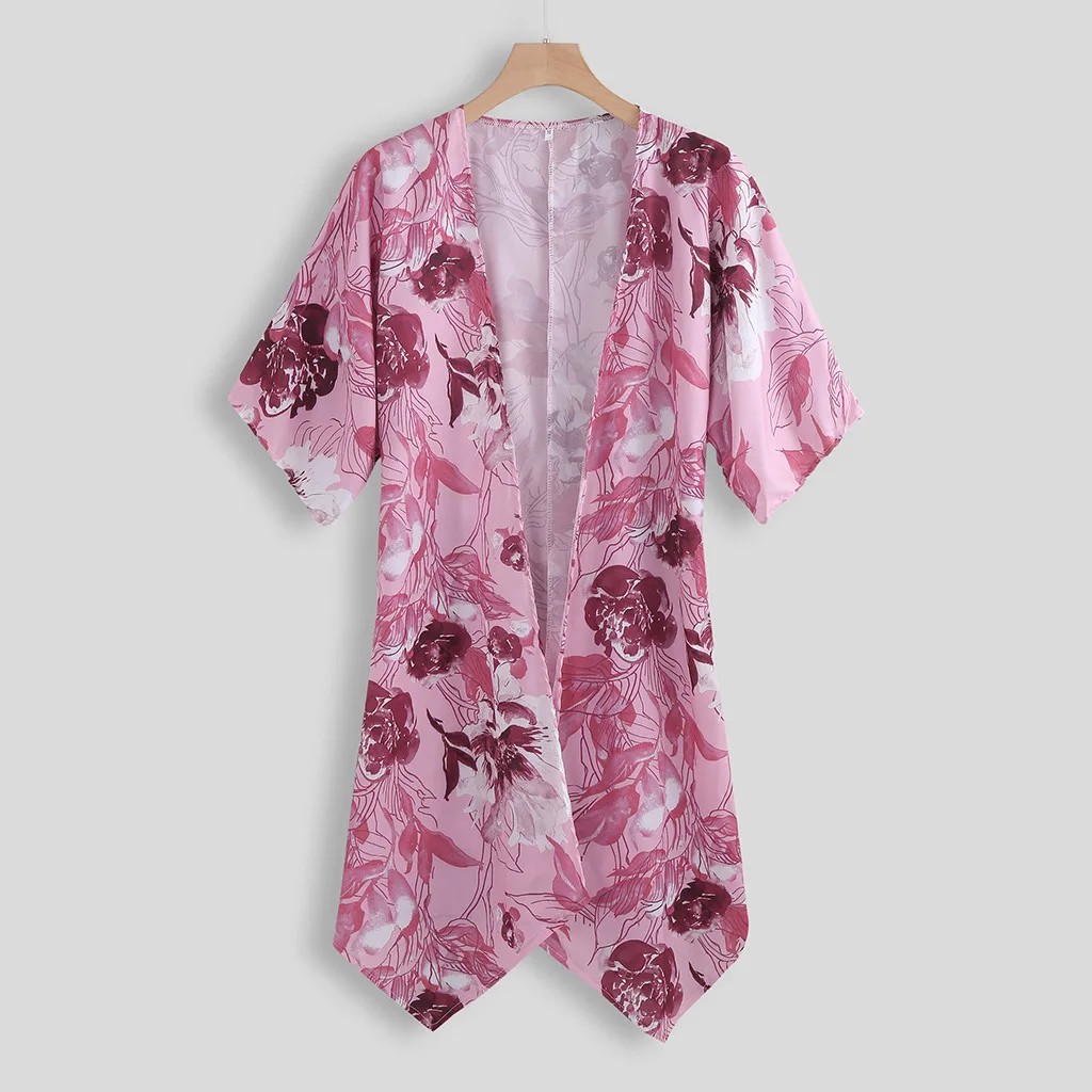 Длинная женская рубашка с коротким рукавом и цветочным принтом асимметричный