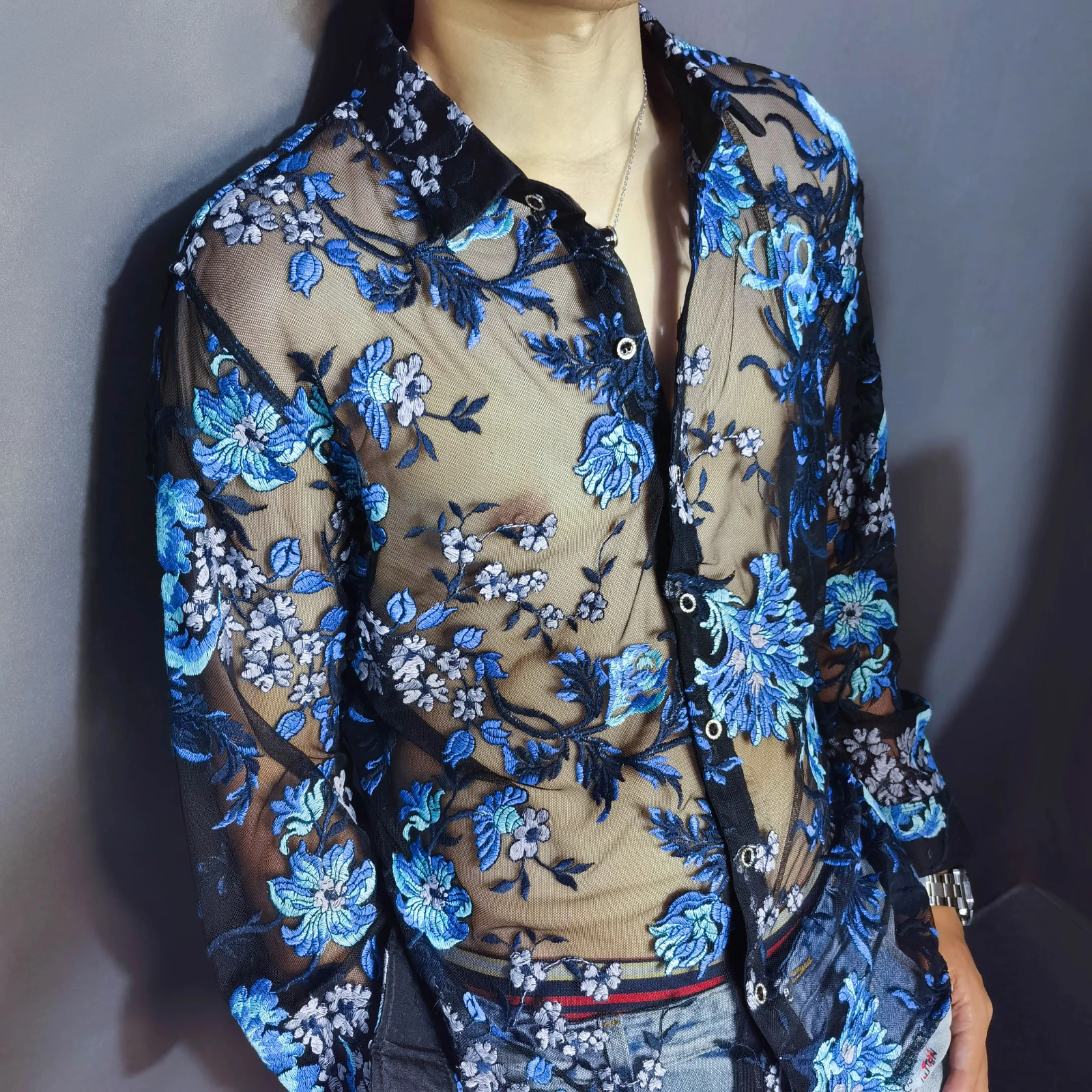 Мужская прозрачная сетчатая рубашка Chemise Homme роскошная Прозрачная Клубная с