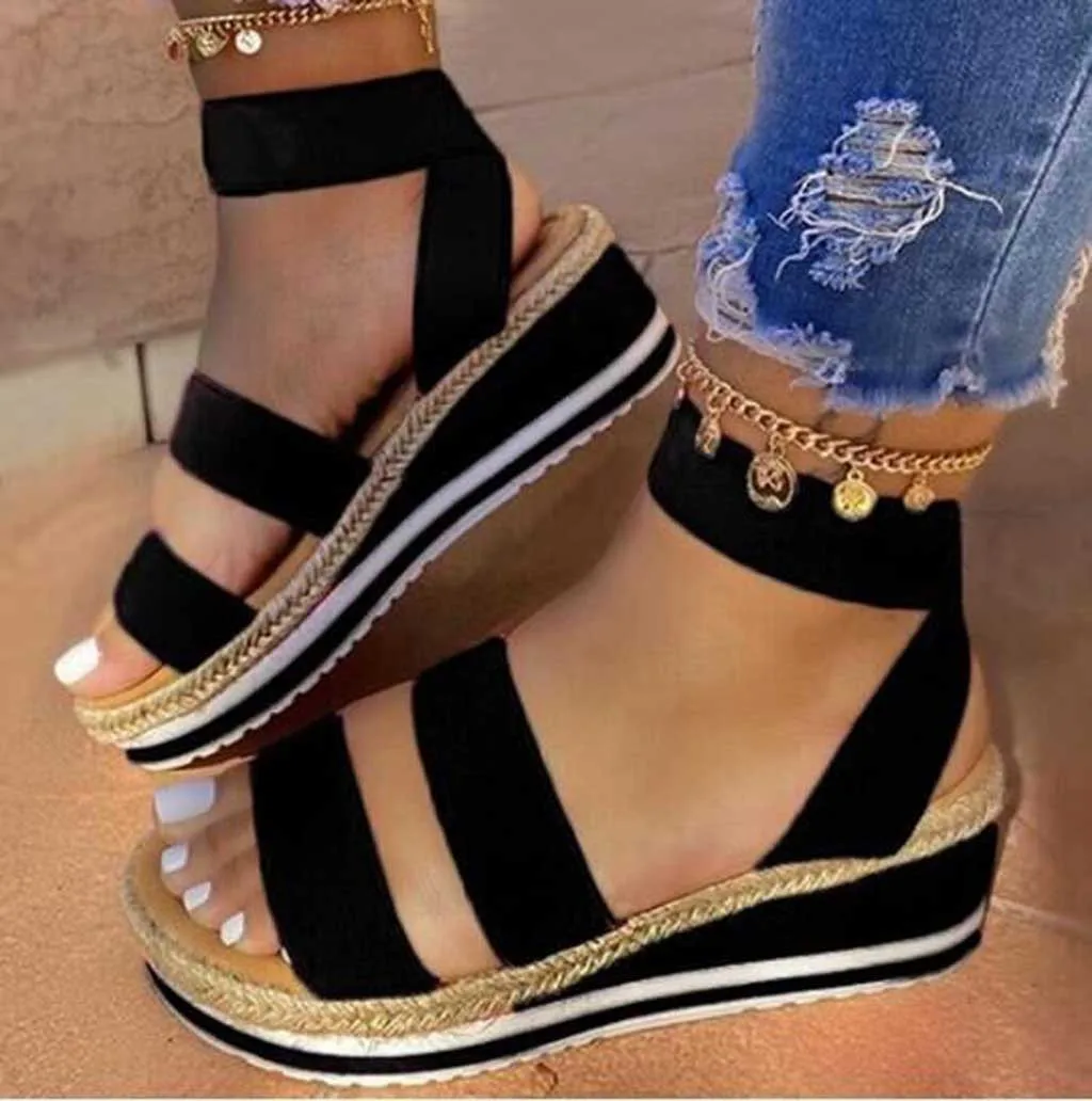 Womens Sandals Ladies Summer Fashion Flat Comfortable Elastic Band Ankle Strap Wedge Open Toe Platform Shoes Plus Size M140# | Обувь