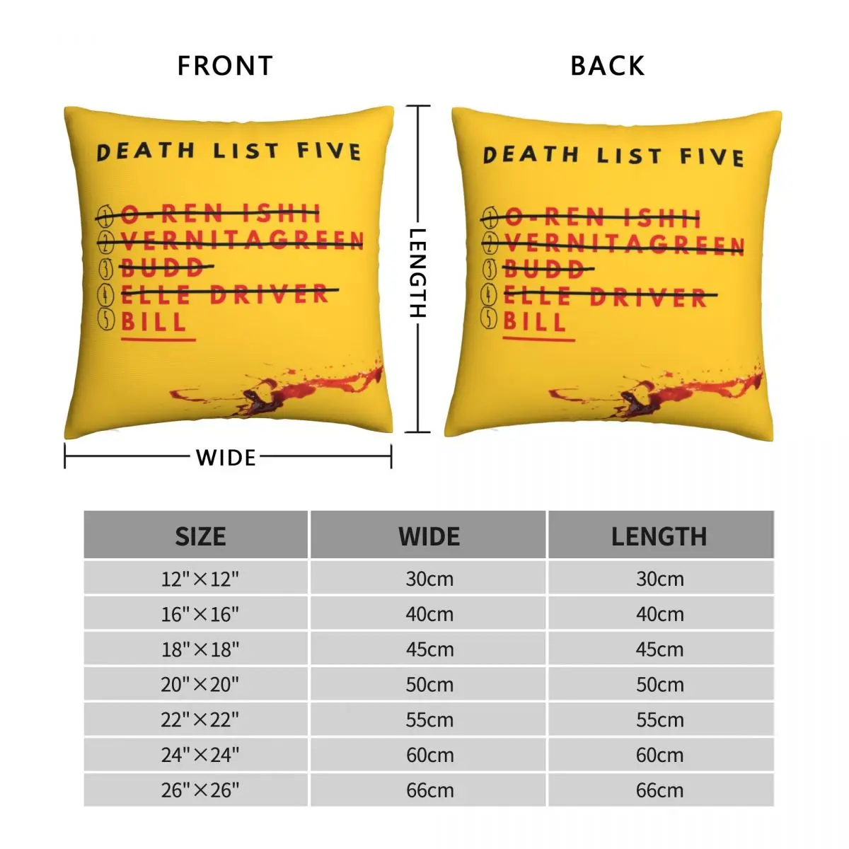 Квадратная наволочка Kill Bill- Death List полиэстер лен бархат на молнии декоративный