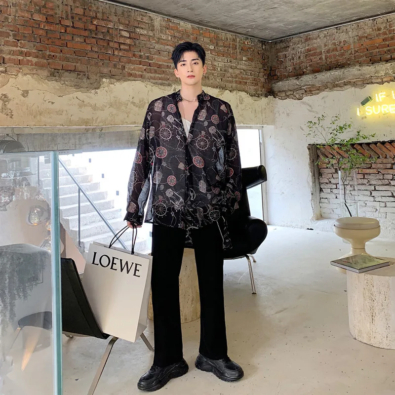 

Male Streetwear Hip Hop Lovers Shirts Cardigan Men Long Sleeve Stand Collar Loose Casual Print Thin Shirt Sunscreen Coat
