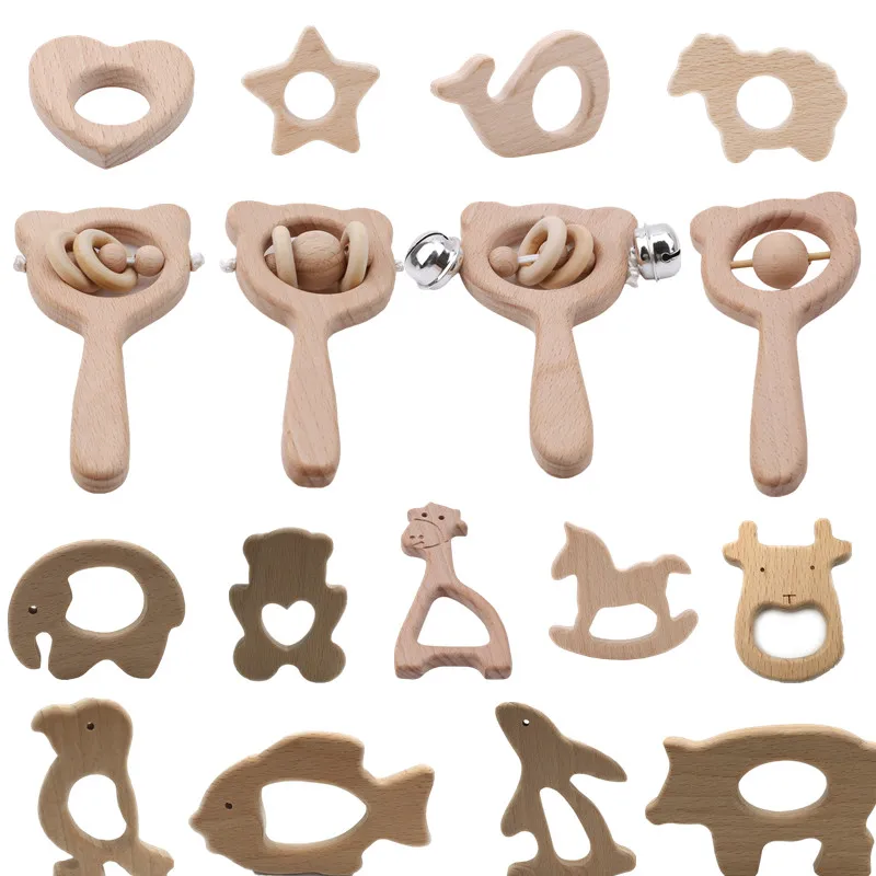 

Baby Toys Wooden Rattle Beech Bear Hand Teething Wooden Ring Can Chew Beads Baby Rattles Play Gym Montessori Stroller Toys